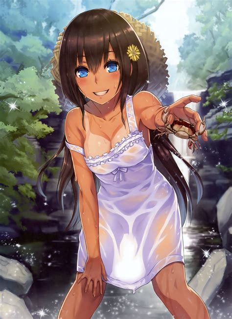 Wallpaper Anime Girls Blue Eyes Brunette Tanned Black Hair See Through Clothing Cleavage