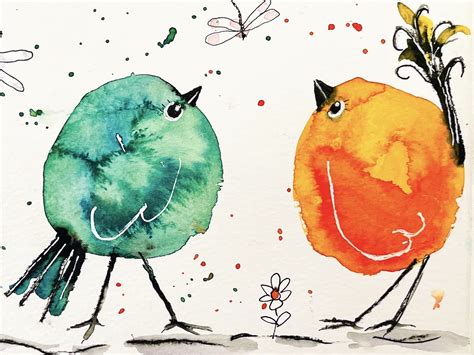 Quick Watercolor Bird Painting Closeup Of Orange And Green Birds