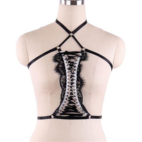 sexy black lace rave body harness frenum bra harness cage elastic bondage harness punk lace