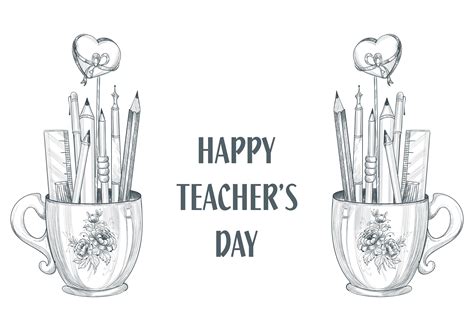 Lets Celebrate Happy Teachers Day Cup And Pencil Sketch Design