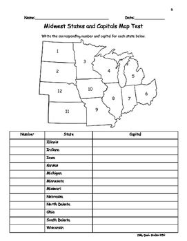 Midwest States And Capitals Map Test Versions A B By Fifth Grade Frolics