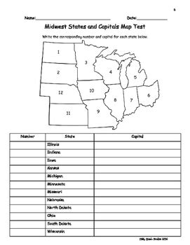 Quiz with 20 trivia questions concerning the usa, suitable for most students (and for anyone who likes quizzes really). Midwest States and Capitals Map Test (Versions A & B) by ...