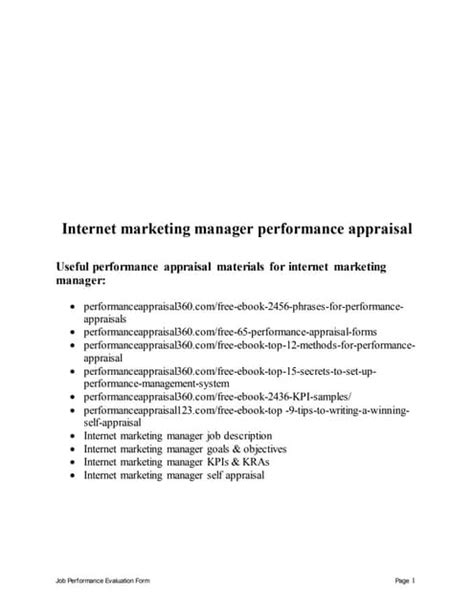 Internet Marketing Manager Performance Appraisal Pdf