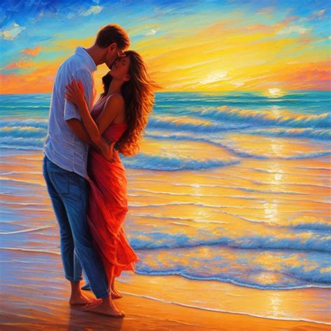 Romantic Sunset Beach Scene Oil Painting Couple Em Openart