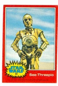 Like the film, topps' initial bow with star wars trading cards was a hit. Star Wars card #98 1977 Topps See Threepio C3PO