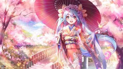 Download 3840x2160 Hatsune Miku Kimono Smiling Sakura Blossom Bird