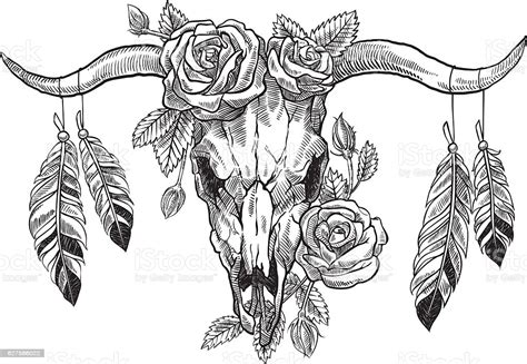 Are you looking to decorate your kid's room or. Bull Skull With Roses On Her Head And With Feathers Stock ...