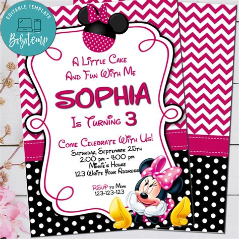 Editable Pink Minnie Mouse Birthday Invitation Digital File Bobotemp
