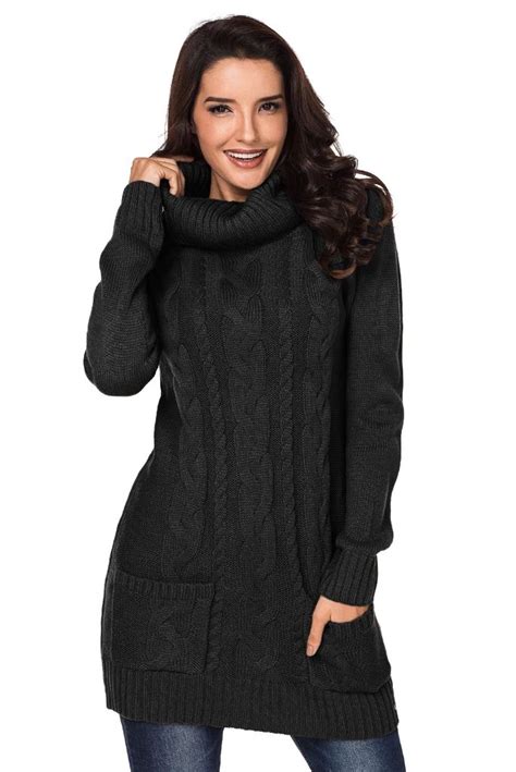 Black Cowl Neck Cable Knit Sweater Dress Sweater Dress Cable Knit Sweater Dress Mini Sweater