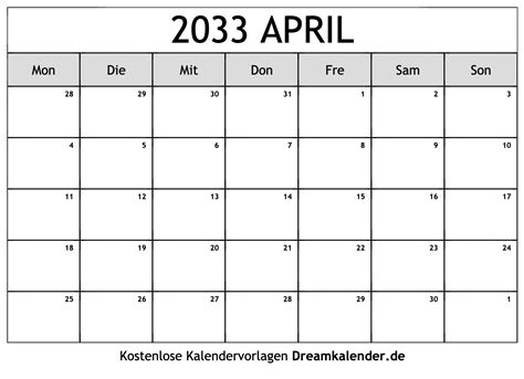Kalender April 2033