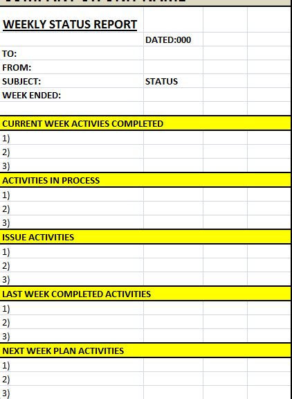 weekly status report template excel word templates