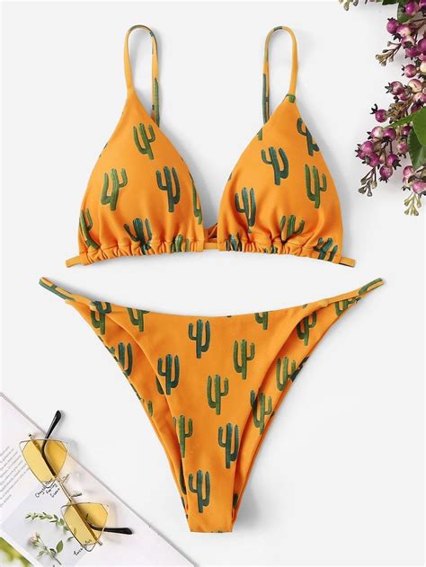 Random Cactus Print Triangle Top With Cheeky Bikini Sheinsheinside Bikinis Cheeky Bikinis