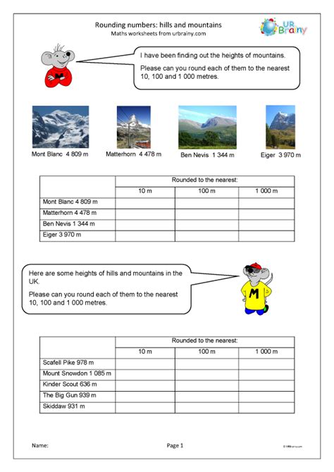 Rounding numbers: hills and mountains - Measuring and Time Worksheets