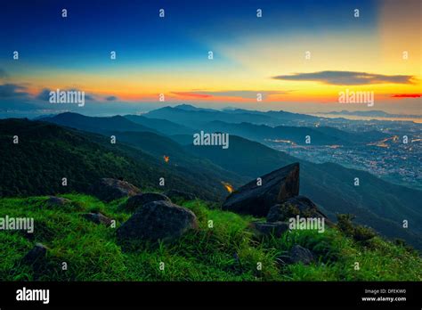 Hong Kong Sunrise On Mountain Stock Photo Alamy