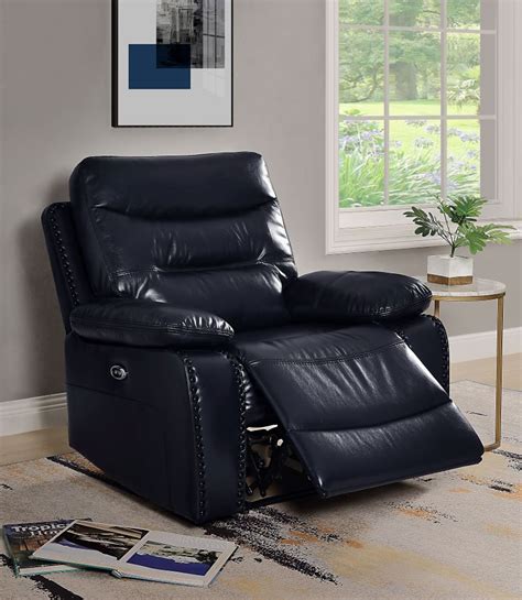 Featured in a faux navy leather. Acme | 55370 Aashi Navy Power Reclining Living Room Set