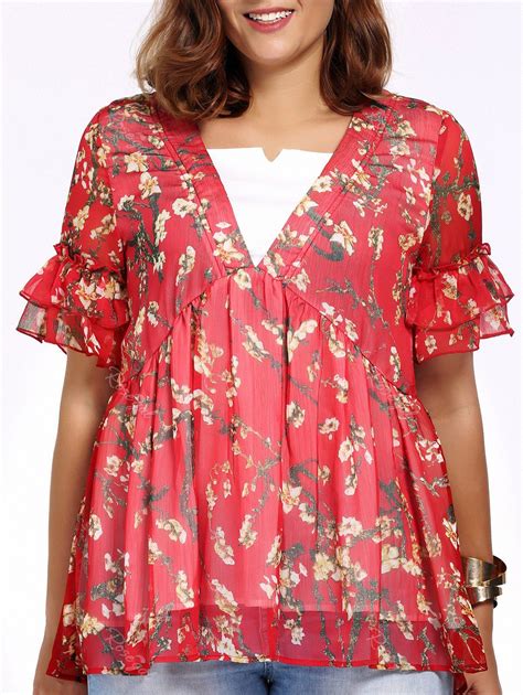 2018 Plus Size V Neck Floral Print Peasant Blouse In Red 4xl