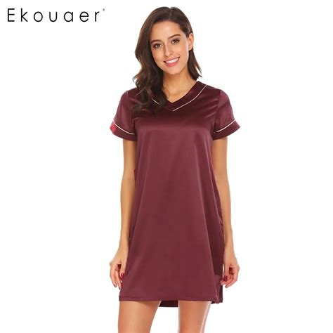 Ekouaer Summer Nightgown Women Night Dress V Neck Short Sleeve Above Knee Belted Satin Elegant