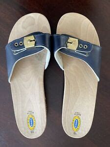 Vintage Dr Scholls Original Wooden Sandals Size 10 Navy Made In Italy