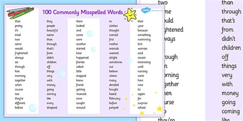 100 Most Misspelled Words Word Mat Primary Resources