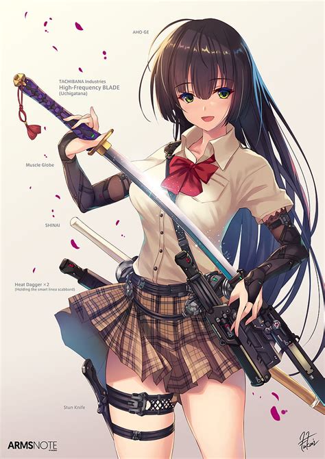 Anime Chicas Anime Pelo Largo Morena Ojos Verdes Espada Arma Falda Personajes Originales