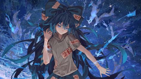 An Anime Character With Blue Hair And Tattoos On Her Head Standing In
