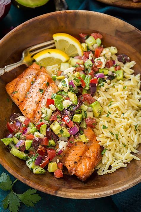 Grilled Salmon With Avocado Greek Salsa And Orzo Cooking Classy