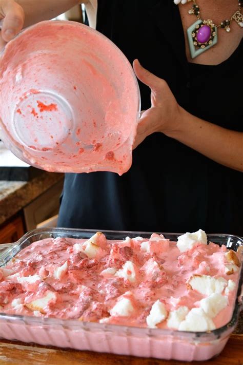 Slice a thin piece off the top of the angel food cake and tear out a trench all the way around the cake. Strawberry Jello Angel Food Cake Dessert | Recipe ...