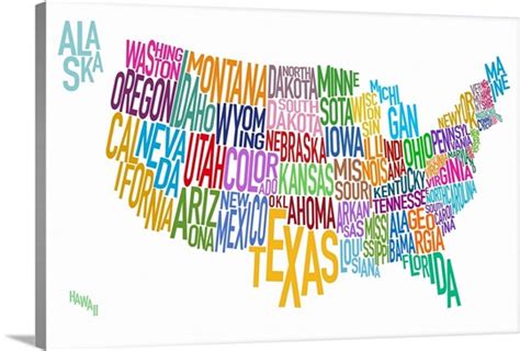 Map Of Usa Showing State Names In Text Wall Art Canvas Prints Framed