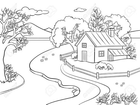 Landscape coloring page from forest category. Printable Country House Landscape coloring page for both aldults and kids.