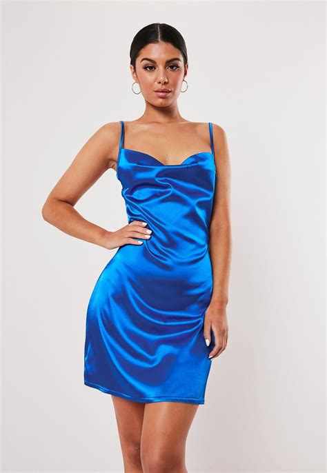 Blue Satin Strappy Cowl Neck Shift Dress Missguided Bright Blue Dresses Blue Satin Dress