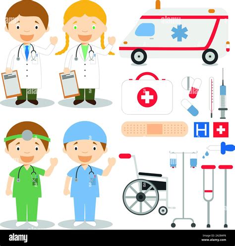 Doctor And Nurses Characters Vector Illustration With Medical Icons