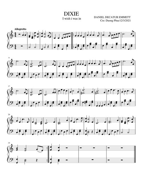 Dixie Sheet Music For Piano Solo