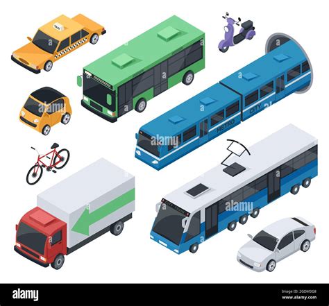 Isometric City Vehicles And Public Transport Car Train Bus Urban