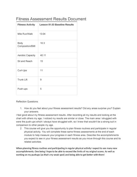103 Fitness Assessments Fitness Assessment Results Document Fitness