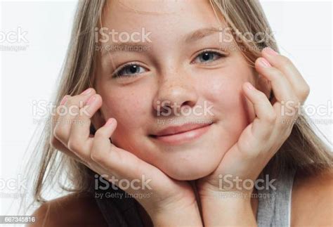 Cute Teenage Girl Freckles Woman Face Closeup Portrait With Healthy