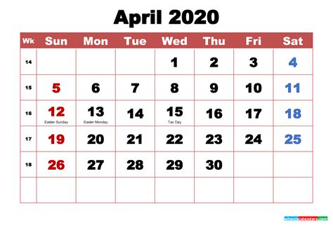 Printable April 2020 Calendar With Holidays Word Pdf