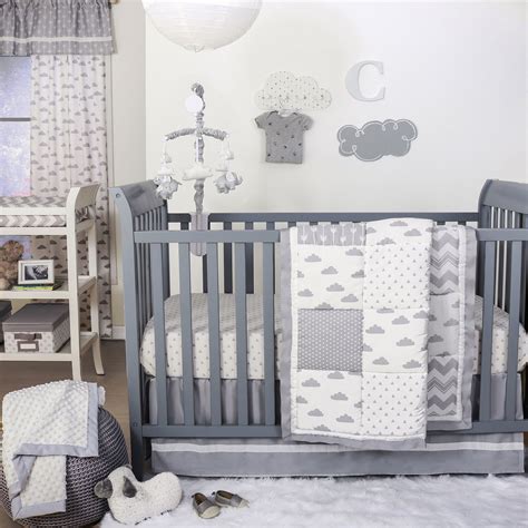 Mini crib bedding for girl, bear crib bedding sets sears furniture decor accessories. Grey Cloud and Geometric Patch Celestial Dots 4 Piece Baby ...