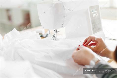 Fashion Designer Using Sewing Machine — Color Image Hands Stock