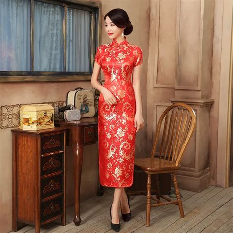 high fashion red satin cheongsam chinese national sexy women s qipao elegant short sleeve