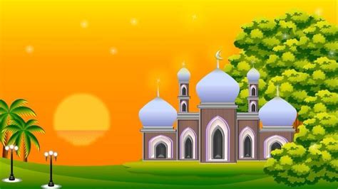 An Illustration Of A Beautiful Mosque With Palm Trees In The Foreground