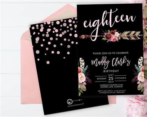 18th Birthday Boho Arrow Invitation Printable Template Pink Floral