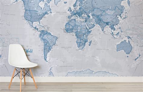 World Map In Blue Wall Mural Wallpaper Maps In Map Wall Mural My XXX