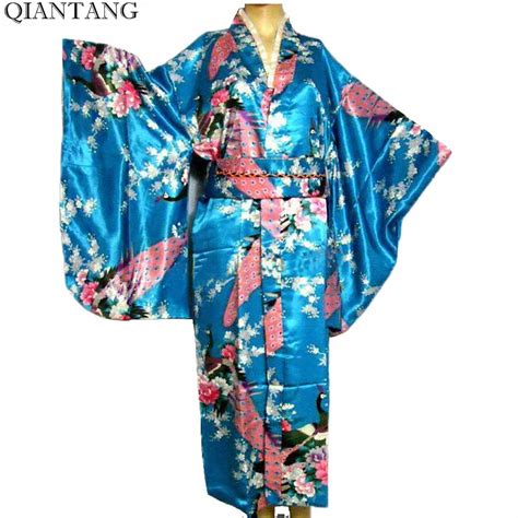 cheapest light blue classic traditional japanese women yukata kimono with obi stage performance
