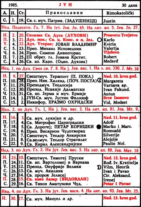 Pravoslavni Crkveni Kalendar Za Jun 1985