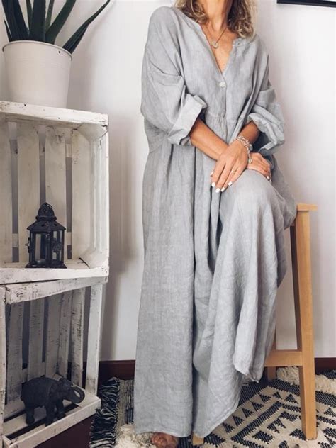 Casual Long Sleeve Cotton Maxi Dresses In Maxi Dress Cotton