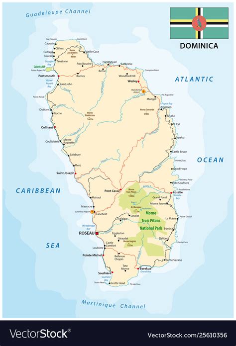Dominica Road Map With Flag Lesser Antilles Vector Image