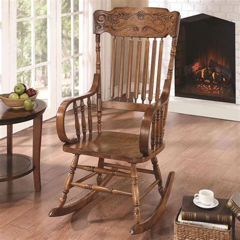 Traditional Oak Finish Ornamental Headrest Slat Back Wood Rocking Chair