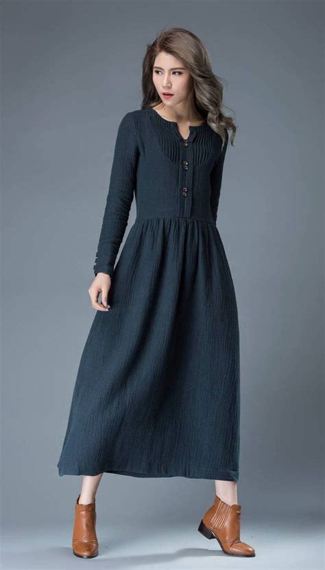 Navy Blue Spring Maxi Dress Linen Comfortable Casual Etsy Long