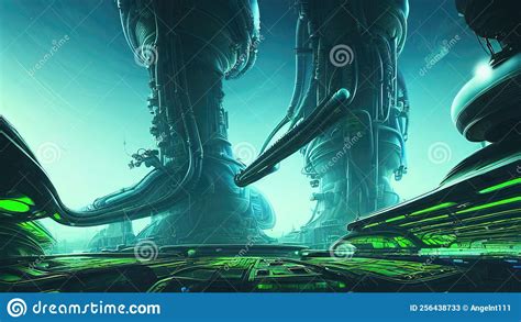 Fantasy City Spaceship Base Legendary Spaceship On A Planet In Space Neon Lights Illuminate