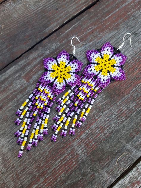 Native Beaded Earrings Yellow Purple Earrings Long Seed Bead Etsy